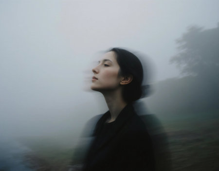 A figure stands serenely in a foggy landscape, surrounded by swirling mist that gives a dreamlike quality. The scene evokes a sense of mystery and reflection on a tranquil day.の素材