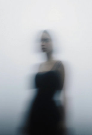 A shadowy figure stands amid thick fog, creating an eerie atmosphere. The hazy setting adds to the sense of mystery and otherworldliness, as twilight begins to settle.の素材