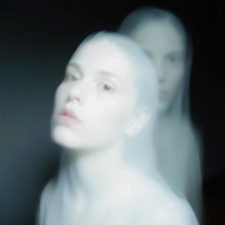 A translucent figure with pale features appears in a dark setting, creating an unsettling yet captivating atmosphere. The blurred background adds to the spectral effect.の素材