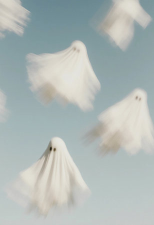 Whimsical ghosts drift gracefully in a clear blue sky during twilight, their white forms billowing softly as they glide through the air, showcasing a magical moment.の素材
