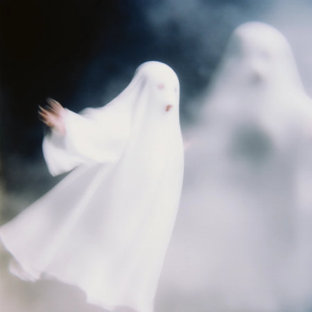 A pair of translucent figures in white sheets float through a foggy environment, capturing the eerie atmosphere of a haunted night.の素材