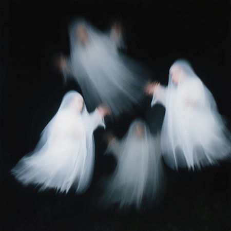 In the dark of night, several ghosts can be seen floating gracefully. Their translucent figures move softly, creating a mystical atmosphere with hints of light.の素材