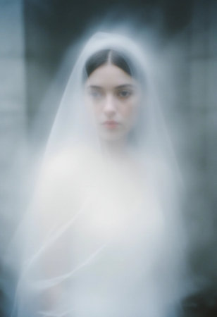 A ghostly figure shrouded in mist and wearing a veil stands in an abandoned place at twilight. The fog adds a mystic atmosphere, evoking an eerie feeling.の素材