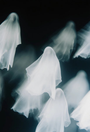 Various ghostly figures soar through the dark sky, their translucent forms gliding effortlessly. The scene evokes a sense of mystery and wonder during the night.の素材
