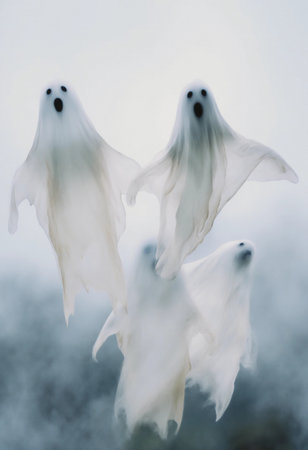 Ghostly apparitions glide effortlessly above a misty ground, their translucent forms capturing the essence of a mystical night filled with wonder and intrigue.の素材