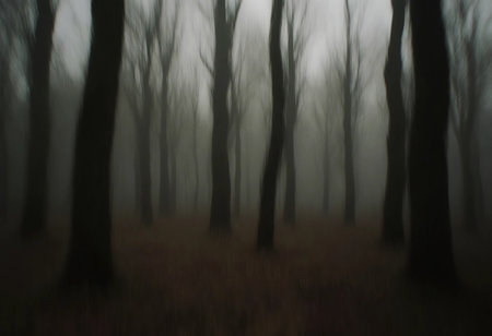 A foggy forest appears haunting with its tall, bare trees stretching into the mist. Shadows loom silently, adding to the unsettling ambiance of the scene.の素材