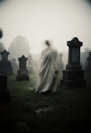 A translucent figure draped in a white cloth wanders among grave markers in a foggy cemetery, creating an unsettling atmosphere during twilight.の素材