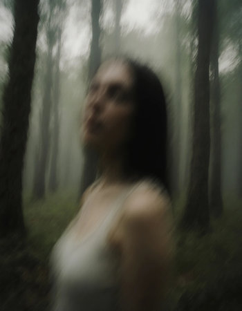 A ghostly figure of a woman is seen in a thick forest shrouded in fog. The trees surround her, adding to the unsettling feeling of the scene.の素材