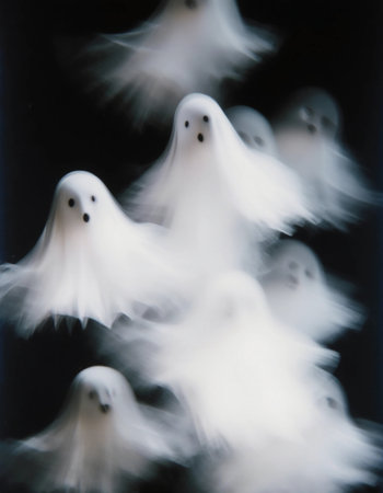 Floating ghosts appear in various positions against a dark background, creating a haunting scene filled with movement and mystery at night.の素材