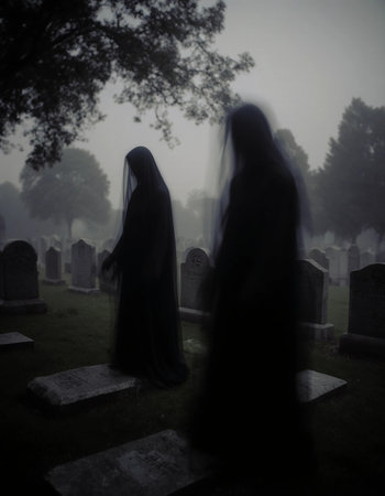 Two ghostly figures in black veils move gracefully through a misty cemetery at dusk. The eerie atmosphere envelops the gravestones and enhances the mysterious scene.の素材