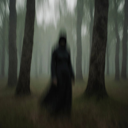 Amidst tall, dark trees, a ghostly woman appears shrouded in mist, giving a haunting presence to the forest. The atmosphere feels mysterious and unsettling, perfect for a scary tale.の素材