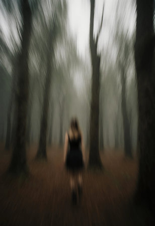 In a spooky forest, a ghostly woman appears to walk away, surrounded by tall trees shrouded in mist. The scene is filled with an unsettling mood and dim lighting.の素材
