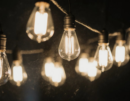 Soft glows from garland light bulbs create a cozy ambiance in dark surroundings, perfect for evening gatherings or special occasions.の素材