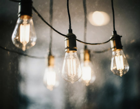 Softly glowing garland light bulbs illuminate a cozy indoor space, adding warmth and charm to the evening gathering with their inviting glow.の素材