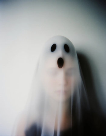 A person wearing a ghost costume stands in an indoor setting. The soft light creates a mystical atmosphere, enhancing the spooky Halloween vibe. The veil adds a haunting touch.の素材