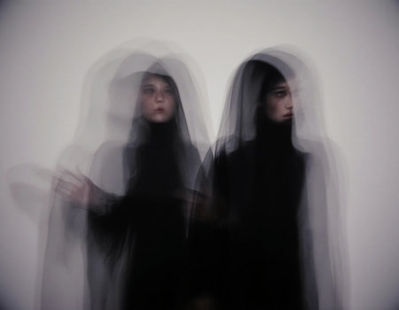 Two shadowy figures dressed in black veils move slowly in a dimly lit space, adding an unsettling vibe to Halloween festivities as night falls.の素材