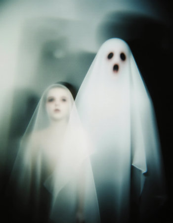 Two ghostly figures appear in a dark setting, one resembling a child and the other an adult.の素材