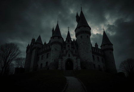 A spooky castle with tall spires looms under a dark, cloudy sky. As Halloween approaches, the eerie atmosphere enhances the castle's haunting presence.の素材