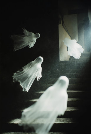 Ghostly figures hover down a dark staircase, creating an eerie scene perfect for Halloween. Shadows and dim light add to the haunting atmosphere of the moment.の素材