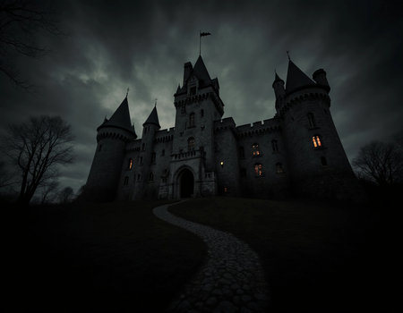 A vampire castle stands tall against the dark, stormy sky on Halloween night. Flickering lights shine from the windows, adding to the spooky atmosphere.の素材