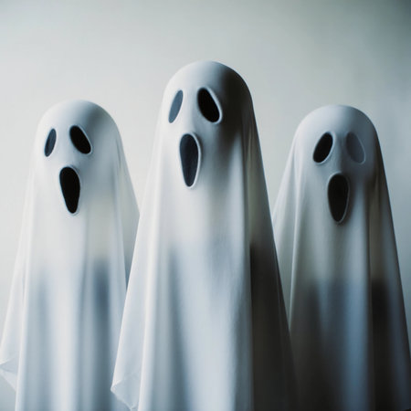 Three playful ghosts covered in white sheets greet the atmosphere of Halloween. Their large eye holes and open mouths add a fun, spooky vibe to the event, perfect for celebrations.の素材