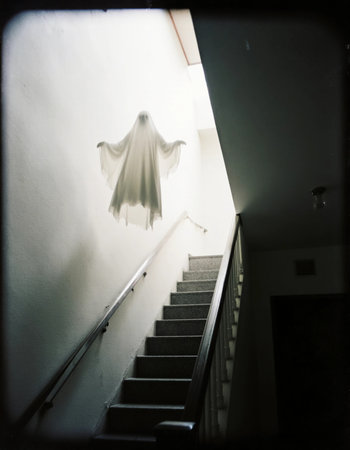 A ghostly figure floats just above a staircase in a dimly lit home.の素材