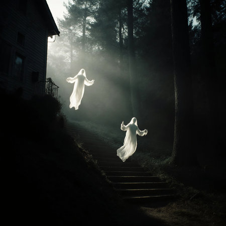 Two ethereal ghosts float down a staircase in a dark forest, surrounded by mist and trees. The eerie atmosphere creates a spooky Halloween scene that captivates the imagination.の素材