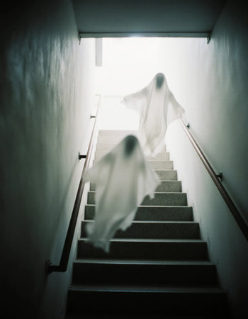 Eerie ghostly shapes float up a staircase in a dimly lit hallway, capturing the spirit of Halloween with a spooky atmosphere and haunting presence.の素材