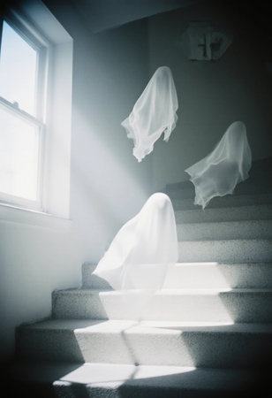 Ghostly figures in white float gracefully down a staircase in a dimly lit home. The atmosphere is eerie, perfectly capturing the Halloween spirit.の素材
