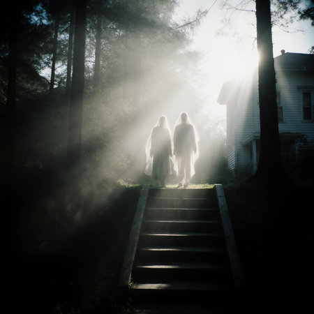 Two ghostly figures slowly walk down a staircase surrounded by fog. The soft light filters through trees, adding to the eerie feel of Halloween night.の素材