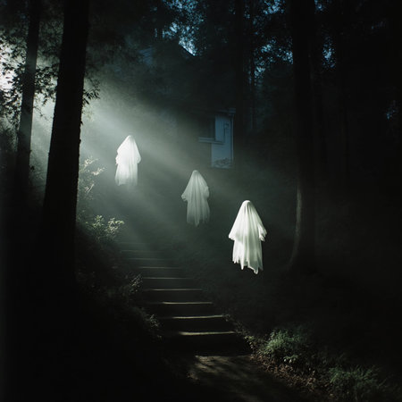 Three ghostly figures glide down a staircase in a dark forest. Soft beams of moonlight filter through the trees, creating a spooky Halloween atmosphere.の素材