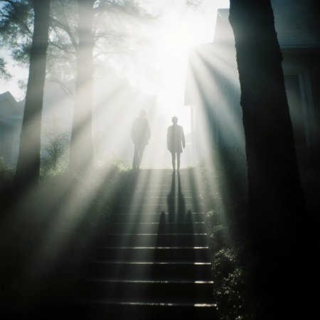 On a misty Halloween evening, two ghostly figures climb an old staircase, silhouetted by eerie beams of light filtering through the fog and trees.の素材