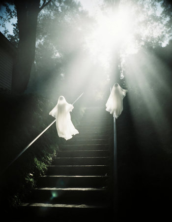 Two ghostly figures in white linger on a staircase illuminated by ethereal light. The scene captures a mystical Halloween ambiance filled with intrigue and spookiness.の素材