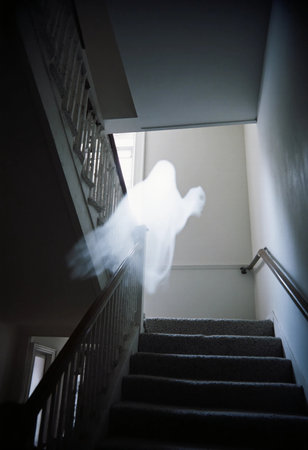A translucent ghost floats down a dimly lit staircase inside an old house. Shadows dance on the walls, creating an eerie Halloween atmosphere.の素材