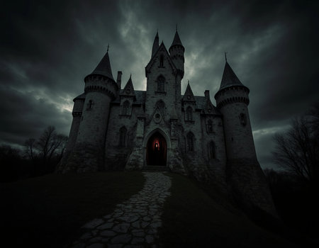 A spooky vampire castle looms under a cloudy sky, casting eerie shadows. A faint red light glows from the entrance, inviting curious souls on Halloween night.の素材