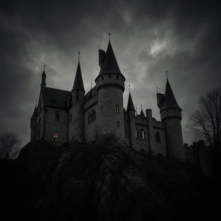 A towering vampire castle looms against a stormy sky, dimly lit windows hint at the presence of unseen figures. The scene evokes a chilling Halloween spirit and mystery.の素材