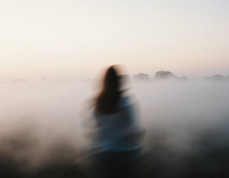 A girl is standing in a foggy field during early morning. The haze creates a mysterious atmosphere, making her appear almost ghost-like against the soft light.の素材