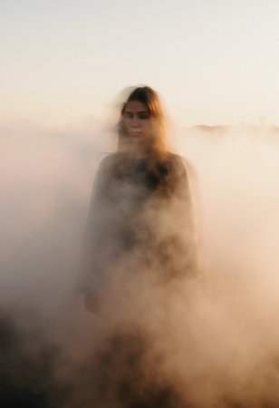 A young girl stands in a thick cloud of morning fog, lightly illuminated by the soft sunlight. The scene evokes a dreamlike quality, blending reality with a ghostly vision.の素材
