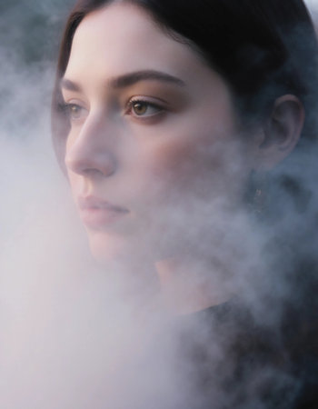 In the early morning light, a girl stands in a foggy landscape, her serene expression conveying a sense of calm and mystery as she gazes at the horizon.の素材