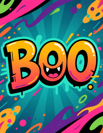 A bold and colorful design showcases the word Boo in a fun, cartoonish style. The background is bright and lively, perfect for a Halloween celebration or decoration.の素材
