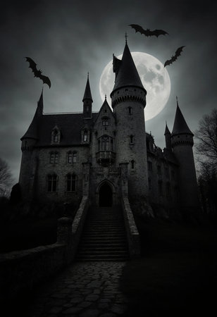 A spooky vampire castle looms in the darkness, lit by a full moon overhead. Bats flit around, enhancing the eerie atmosphere of Halloween night.の素材