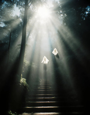 Two ghostly figures appear on a dark staircase surrounded by tall trees. Mist fills the air, and soft beams of light create a spooky atmosphere perfect for Halloween.の素材
