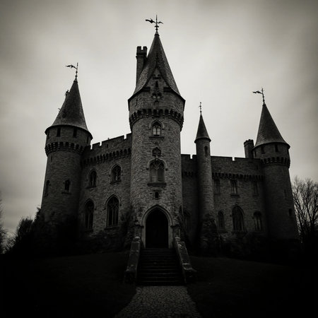 A dark, eerie castle stands tall with its pointed towers, surrounded by a barren landscape on Halloween night, evoking a sense of mystery and fear.の素材