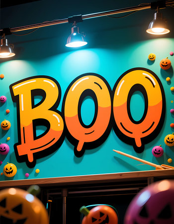 A vibrant sign that reads Boo in bold letters lights up the wall. The colorful setting features playful decorations, creating a fun Halloween atmosphere for guests.の素材