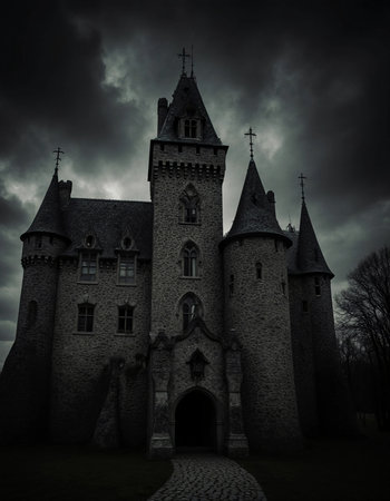 On Halloween night, a vampire castle looms ominously with its tall spires and dark stones. The sky is filled with menacing clouds, adding a spooky feel to the scene.の素材