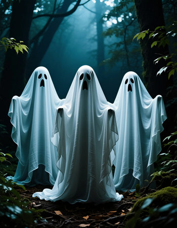 Three ghost figures, dressed in white sheets with spooky faces, stand together in a foggy forest at night, ready to surprise anyone who passes by.の素材