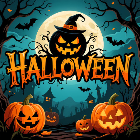 Brightly carved pumpkins sit on a path surrounded by dark trees and bats. A large moon casts a spooky glow over the eerie setting, perfect for Halloween celebrations.の素材