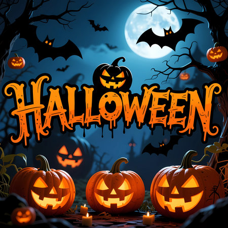 A dark and mysterious scene showcases glowing jack-o'-lanterns placed among bats and eerie trees. The full moon illuminates the sky, enhancing the Halloween spirit.の素材
