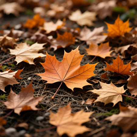 Golden and orange maple leaves cover the ground in a peaceful outdoor area, showcasing the beauty of autumn. The scene captures the essence of the changing season.の素材
