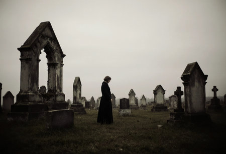 A figure in dark clothing stands silently among old tombstones in a haunting cemetery. The eerie atmosphere and fog create a perfect setting for Halloween reflections.の素材